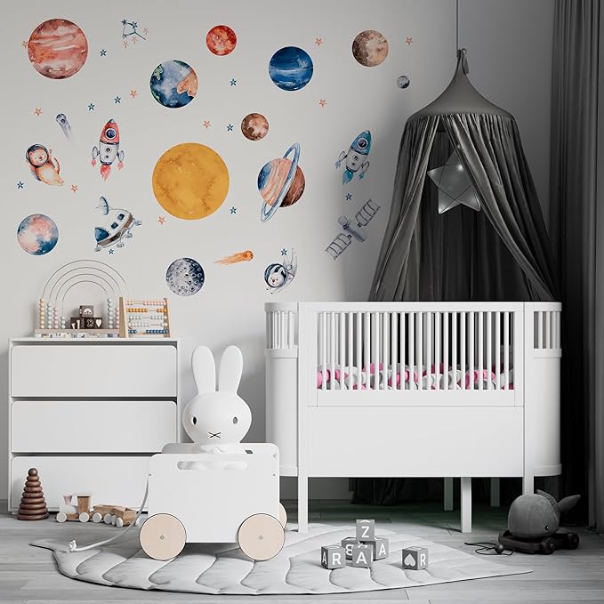 Solar System Wall Decals for Kids - Planets and Space Themed Wall Stickers by Lipastick - Peel and Stick Vinyl Decals for Boys and Girls Bedroom, Nursery, Playroom - Wall Stickers for Girls Room