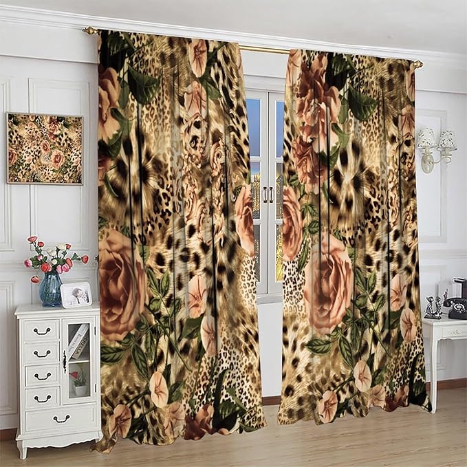 Leopard Floral Blackout Curtains, Cute Boho Floral Cheetah Animal Pattern Safari Natural Theme Window Treatments for Bedroom Living Room 42" W X 54" L