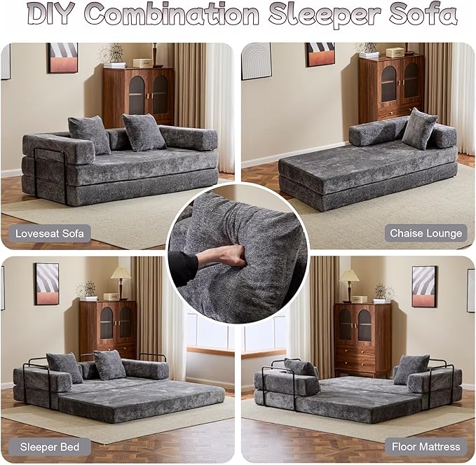 Convertible Sofa Bed, Compression Futon Sofa with Pillows & Armrest, Foldable Mattress Couch with Fixed-Shape Frame, Comfy Couch Lounge Sleeper Bed for Living Room Bedroom, Dark Gray