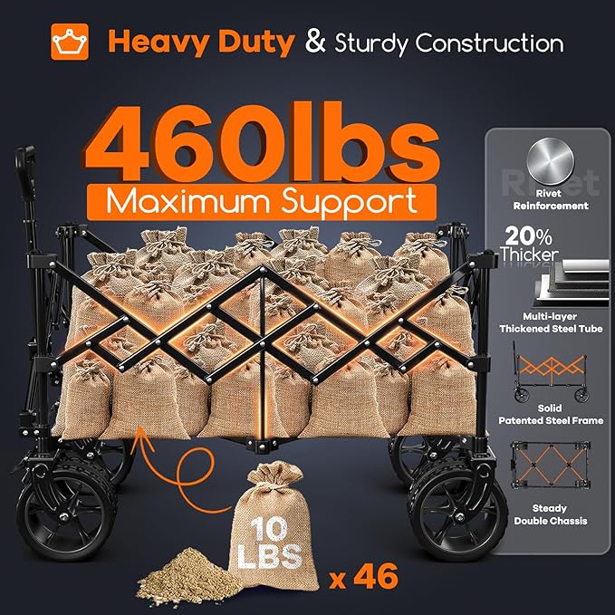 220L Collapsible Wagon Cart Foldable, 460lbs Load Capacity Heavy Duty Folding Beach Wagons with Big All-Terrain Wheels, Utility Carts for Groceries, Camping, Sports - Grey&Turquoise