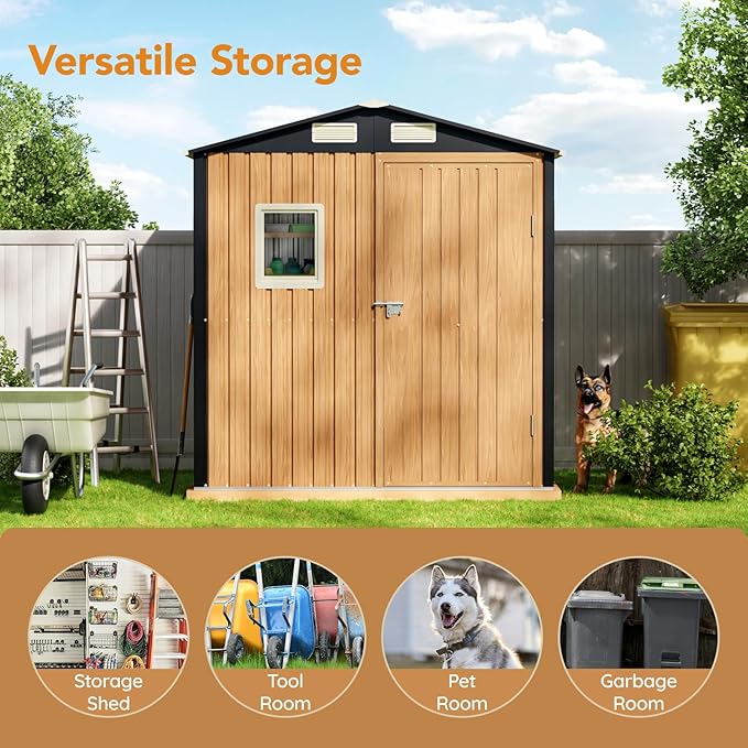 6X4FT Garden Storage Shed with Lockable Door,Steel Tool Shed with 1 Clear Window, Anti-Corrosion Metal Shed for Backyard Patio Lawn (Light Wood Grain)