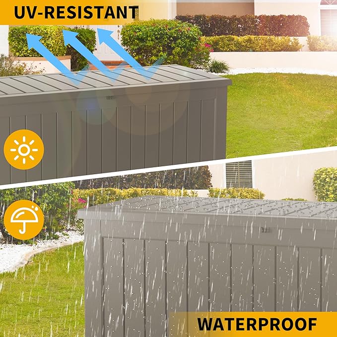 80 Gallon Resin Deck Box, Waterproof Outdoor Storage Bin for Patio Furniture, Pool Accessories, and Garden Tools, Lockable & UV-Resistant, Grey