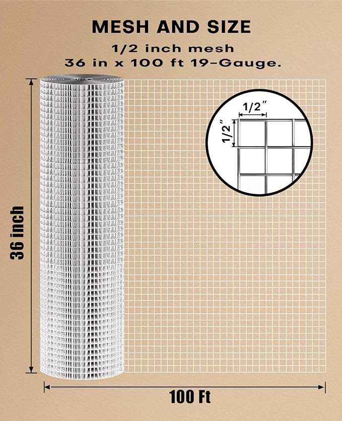 Hardware Cloth 1/2" Mesh 36" x 100' 19 Gauge, Hot-Dip Galvanized After Welding – Chicken Wire Fencing, Wire Mesh Roll, Chicken Wire Mesh for Garden Fence, Chicken Coop & Gopher Guard