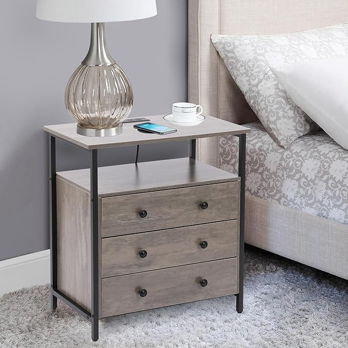 3 Wooden Drawers Nightstand, 27 Inch Wide Night Stand Set 2 with Charging Station and Adjustable Drawers, Bedside Table for Living Room/Bedroom/Office, Gray.