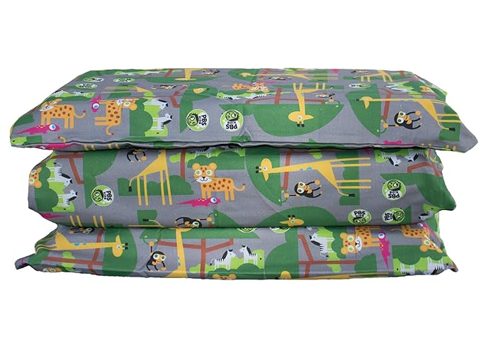 KinderMat 1.5" Thick + PBS Kids KinderBundle - Washable Cover, Special Edition - Safari Party - Regular, Sheet is 47" x 22", Value Bundle Great for Daycare & Family Households,