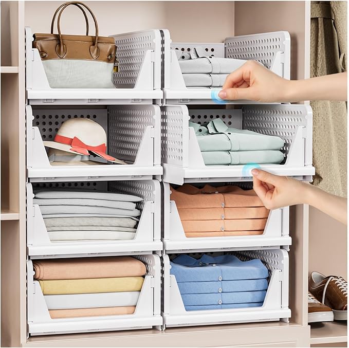 5 Pack Stackable Closet Storage Basket - Stackable Storage Bins, Multifunctional & Foldable Closet Organizer, Wardrobe Cupboard Space-Saving Hat Storage Drawer Organizer, White