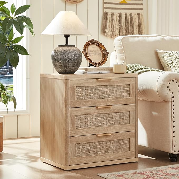 LEYAOYAO Boho Rattan Coffee Table and End Table Sets, 48" Wide Center Tables & 23" Night Stand with 3 Drawers, Natural Wood Coffee Table for Living Room 2 Piece Set