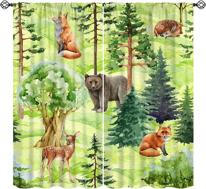 Woodland Animal Curtains, Watercolor Jungle Animals Fox Bear Pattern Blackout Window Treatments, Rod Pocket Thermal Insulated Drapes 2 Panel Sets for Kids Bedroom Nursery Classroom, 72" W X 63" L