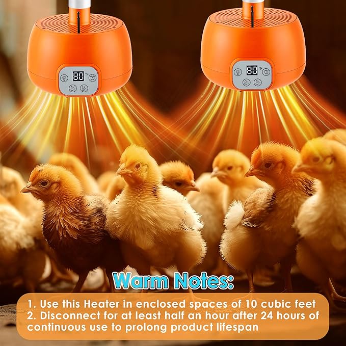 Enhon 2 Pack Chicken Coop Heater, Timing Heat Lamp for Chickens, Smart Temperature Control Chicken Brooder Heater, 5 Ft Ultra Long Cable Reptile Heating Lamp for Chicks Duck Dog Cats, No Remote