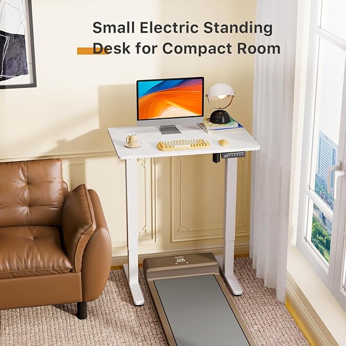 JOY worker Small Electric Standing Desk, 31.5" x 20" Whole Piece Height Adjustable Desk with Memory Controller, White Sit to Stand Workstation for Home Office