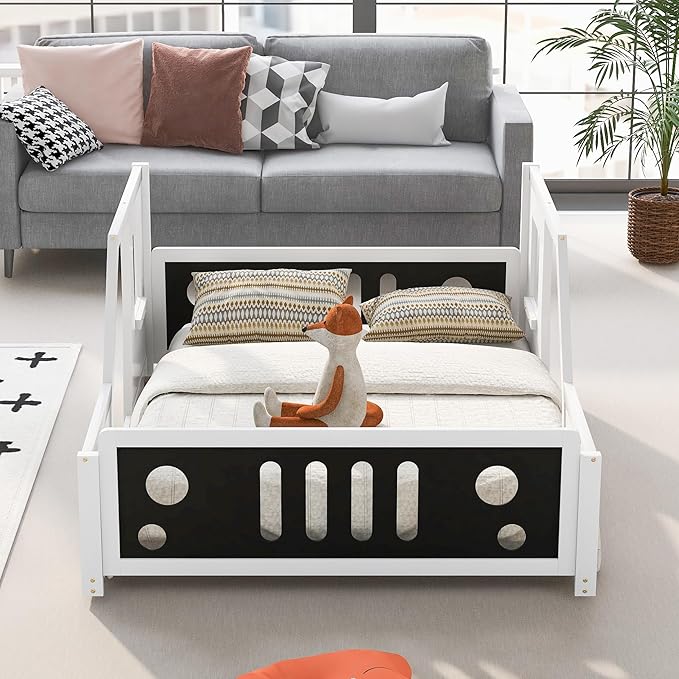 Merax Full Size Classic Car-Shaped Platform Bed with Wheels, Wood Car Bed Frame for Boys, White