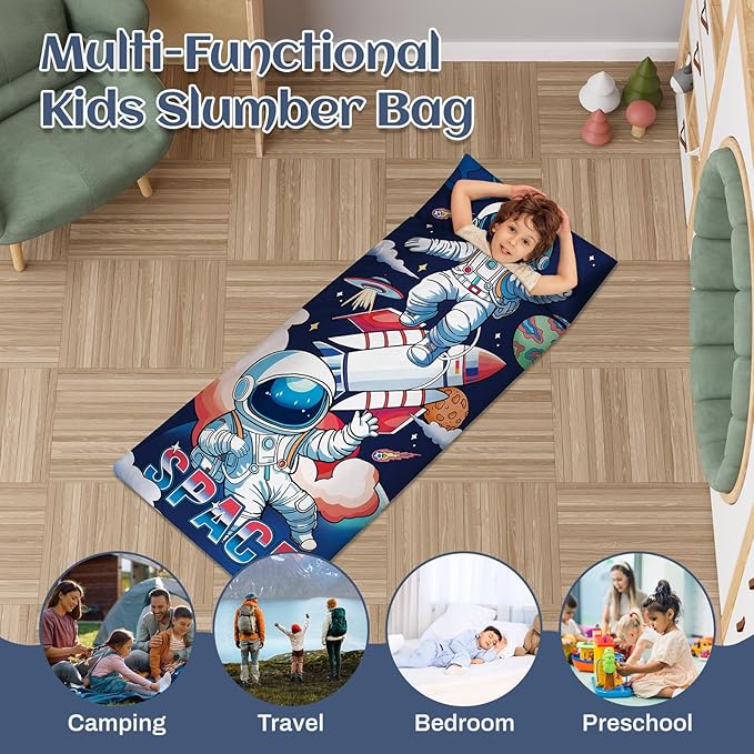 Toddler Nap Mat Kids Sleeping Bag 59‘’×24‘’, Soft Slumber Bag with Removable Pillow for Kids Girls Boys,Roll Up Sleeping Mat Lightweight for Camping,Daycare, Kindergarden