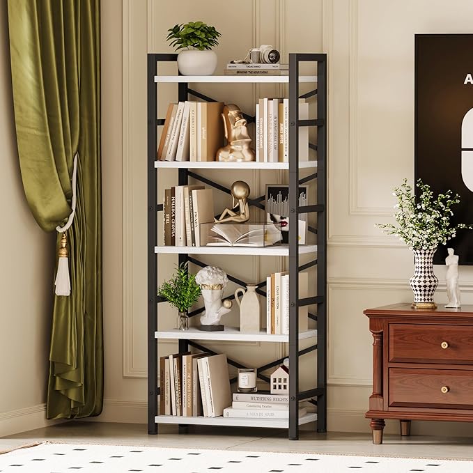 Homeiju Organization and Storage, 5 Tier Bookshelf, Tall Bookcase with Shelves, Wood and Metal Book Shelf Storage Organizer, Industrial Display Standing Shelf Unit for Bedroom, White