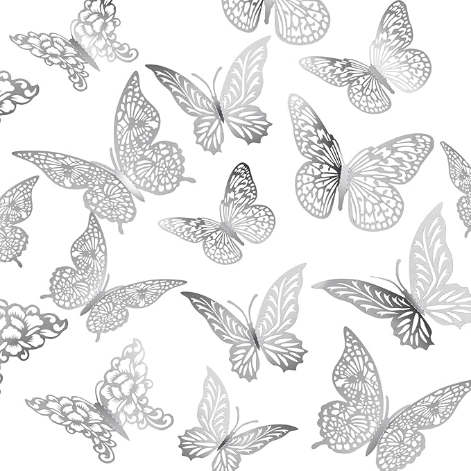3D Silver Butterfly Wall Decor 3 Sizes 4 Styles Butterfly Party Decorations Cake Decorations Removable Stickers Wall Decor Room Mural Metallic Kids (Silver, 48Pcs)