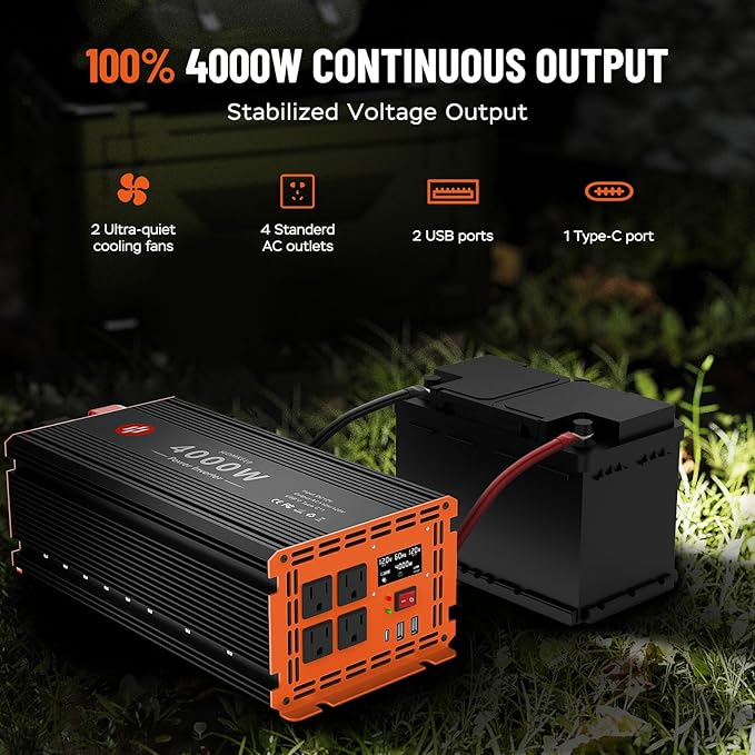 4000 Watt Power Inverter 12V DC to 110V/120V AC Converter Peak Power 8000W Car Inverter with LCD Display 2 AC Outlets USB Port Cables Included for RV,Truck,Off-Grid Solar System Remote Controller