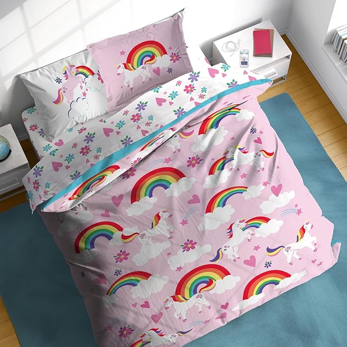 Sunny Side Up Rainbow Unicorns Full Comforter Set - 7 Piece Kids Bedding Includes Comforter, Sheets & Pillow Cover - Super Soft Pink Floral Microfiber Bed Set