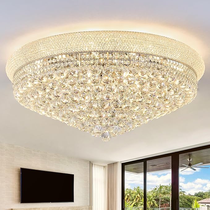 18-Light 32 inch Large Crystal Chandelier Flush Mount Ceiling Light Fixture