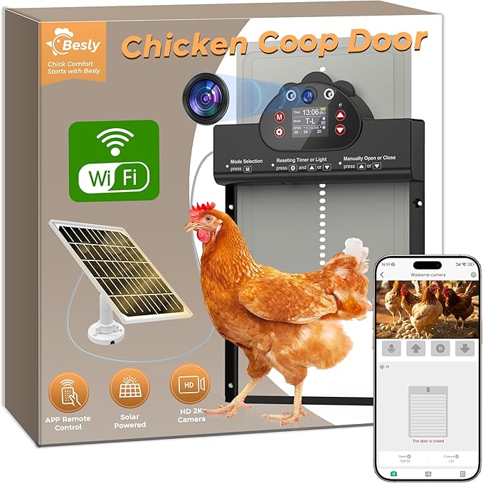 2K HD Camera Automatic Chicken Coop Door, WiFi Solar Powered Chicken Door with 9000mAh Battery, Timer & Light Sensor, Anti-Pinch Function, Security Alarm, Chicken Coop Accessories