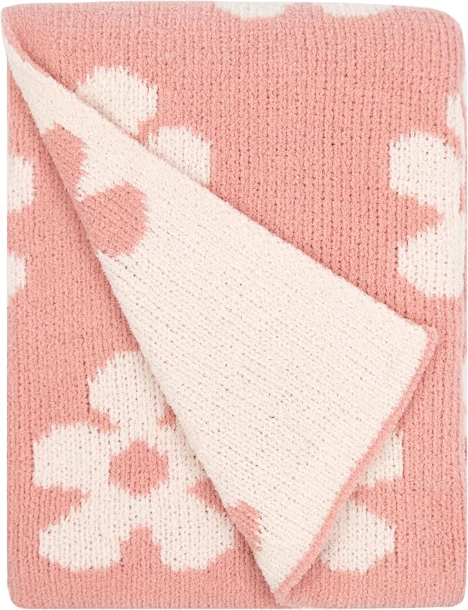 Living Textiles Pink Floral Daisy Chenille Soft Baby Blanket Reversible Premium Cozy Fabric for Best Comfort - for Infant,Toddler,Newborn,Nursery,Girl,Throw,Crib,Stroller,Gift, Pink Floral Daisy 40x30
