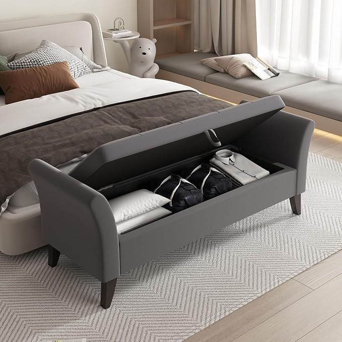 Furniliving 51” Bedroom Bench, End of Bed Bench with Button-Tufted Large Upholstered Storage Bench Ottoman Velvet Window Bench with Storage Shoe Cabinet Bench, for Bedroom, Entryway, Closet, Grey