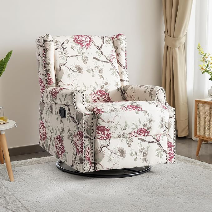UIXE Swivel Rocker Manual Recliner Chair, Wingback Swivel Glider Fabric Nursery Reclining Sofa Chair, High Back Upholstered Arm Chair for Living Room Bedroom - Beige Floral