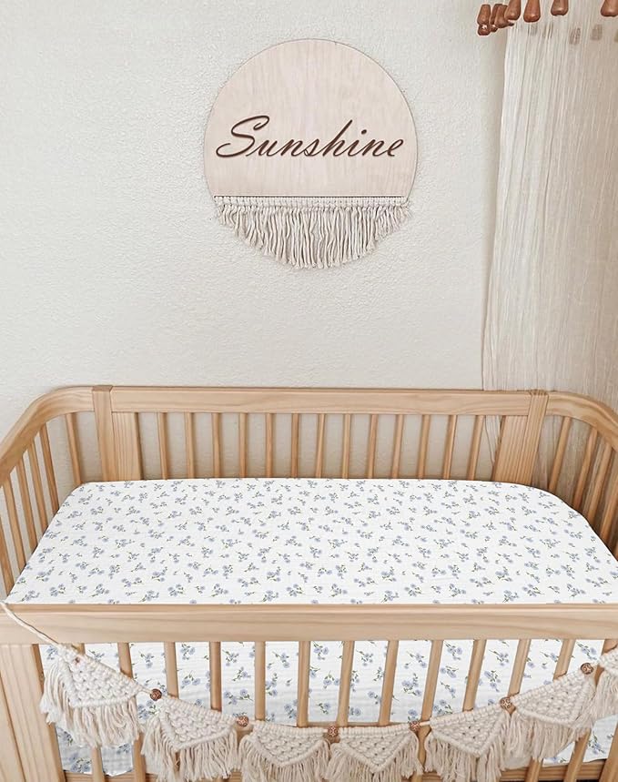 Pack and Play Sheets for Baby Boy and Girl 2 Pack, Neutral Muslin Cotton Pack N Play Mattresses Sheet 27"x39", Muslin Nursery Bedding Soft and Breathable Comfort (Bluebell Bloom & Light Blue)