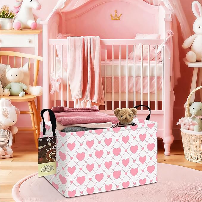 HUNRUNG Rectangle Storage Basket Cute Canvas Organizer Bin for Pet/Children Toys, Books, Clothes Perfect for Rooms/Playroom(REC-Heart)