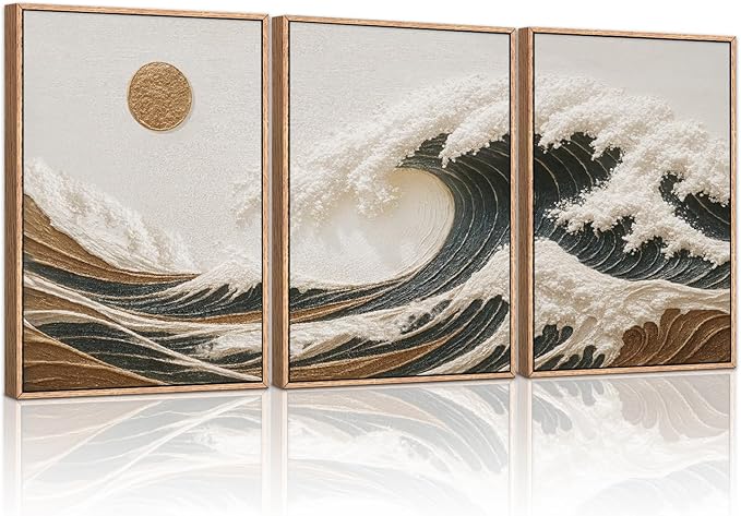 HLNIUC Sea Wave Framed Canvas Wall Art,Abstract Sun Seascape Wall Decor Set of 3(16”x24”) Large Modern Ocean Beach Art Print,Great Wave Sunset Pictures Canvas Famed Painting for Living Room,Bedroom