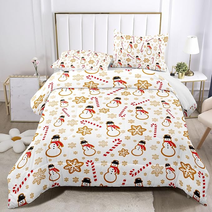 Raphus cucullatus Christmas Bedding Queen,Snowman Christmas Comforter Set,Holiday Bedding Winter Quilt,Snowflake Navidad Comforter Set Queen,Cute Candy Cane Quilt