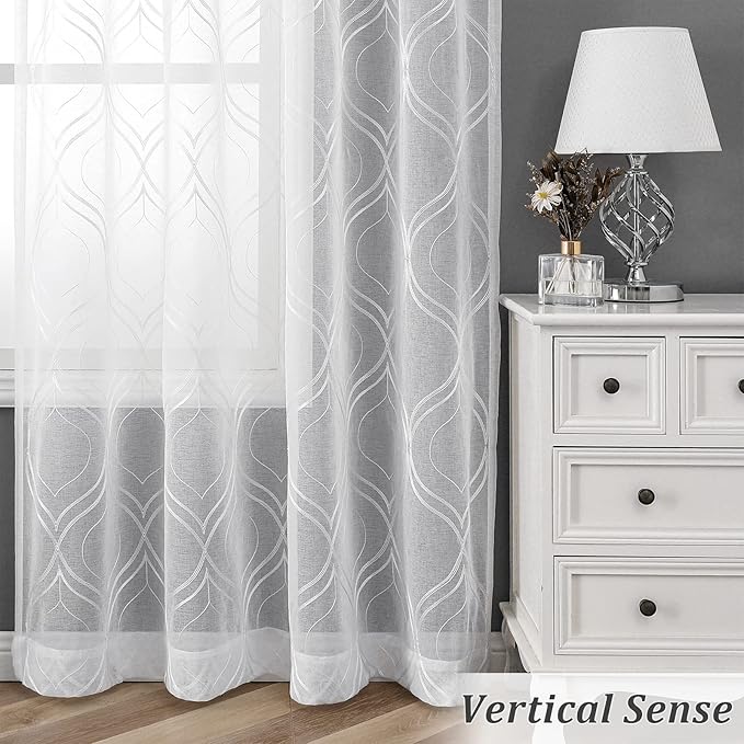 VISIONTEX White Sheer Curtains 84 Inches Long 2 Panels Set Moroccan Embroidered Curtains Trellis Decor French Textured Rod Pocket Voile Tulle Semi Window Drapes for Bedroom Living Room 54 x 84 Inches