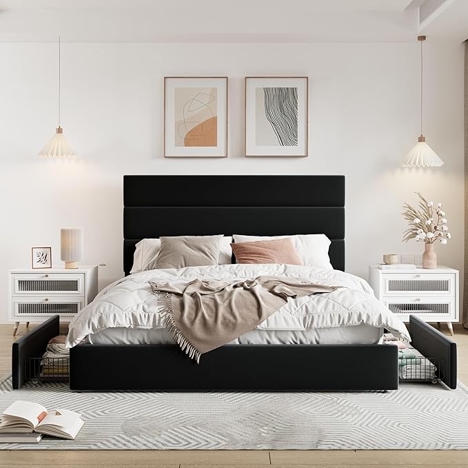 Allewie Modern Full Size Platform Bed Frame with 4 Storage Drawers and Velvet Upholstered Headboard, Wooden Slats Support, Upholstered Mattress Foundation/No Box Spring Needed/Easy Assembly, Black