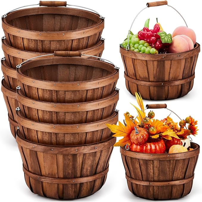Marsui 8 Pcs Natural Wooden Fruit Baskets 11'' x 6.5'' - Fall Thanksgiving Halloween Decoration, Farmhouse Harvest Storage Bin, Portable Handle Apple Basket for Kitchen Farm Party Home Gift Giving