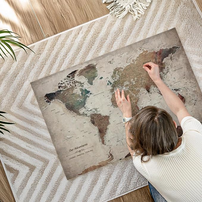 ElephantStock - Our Adventures World Map With Push Pin Iii Wall Art - Horizontal Canvas Wall Art - Living Room Wall Decor - Printmaking Map Canvas Art - Beige And Brown Decor - 39" x 26"