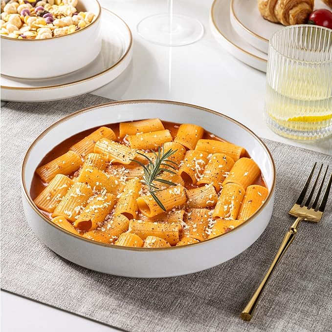 GBHOME Ceramic Dinnerware Sets With Double Bowl for 4, 16 Pieces Stoneware Plates and Bowls Set, Reactive Glaze Dishes -Scratch Resistant, Dishwasher&Microwave Safe-Pearl White