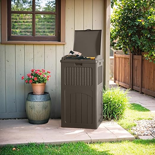 Flamaker 30 Gallon Trash Can, Resin Outdoor Garbage Can with Lid, Waterproof Hideaway Patio Waste Bins for Outside Use (Deep Brown)