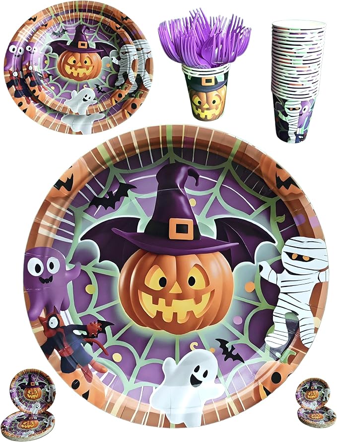 Halloween Paper Plates,Cups,Forks(96Pcs)-Disposable Party Plates Heavy Duty,Party Supplies Tableware Set|Paper Plates 9 inch & 7 inch,Spooky Decor(Flying Pumpkin,Ghost,Zombie,Bat) for Kids Halloween