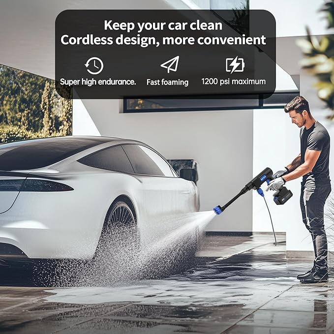 Cordless Pressure Washer,1200PSI Portable Pressure Washer with 2 Rechargeable 20000mAH Battery Power Washer,6 Modes Ajustable Light Duty Tools 6-in-1 Nozzle for Car/Fence/Garden/Floor/Yards