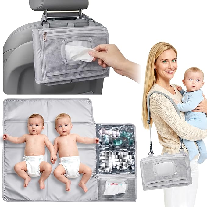 Large Portable Diaper Changing Pad - Waterproof Foldable Baby Travel Changing Mat with Storage Pockets & Wipes Bag, Lightweight, One-Hand Fold, Crossbody Strap for Parents,Infant Travel Station Kit