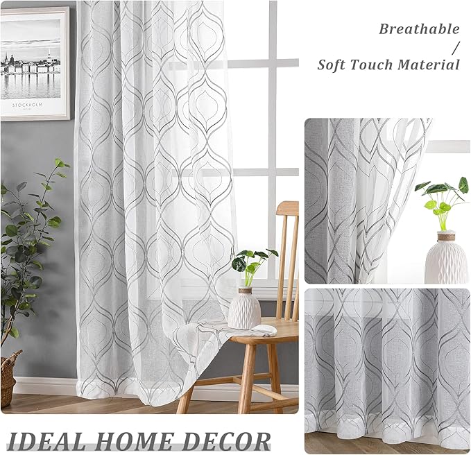 VISIONTEX White Sheer Curtains 54 Inch Length 2 Panels Set Grey Moroccan Embroidered Curtains Trellis French Textured Rod Pocket Voile Tulle Semi Window Drapes for Bedroom Living Room 54 x 54 Inches