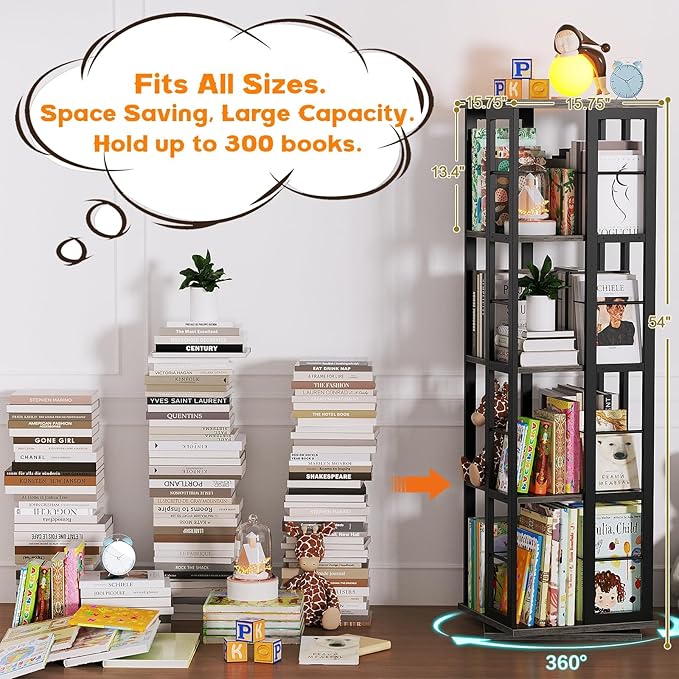 Aheaplus Rotating Bookshelf, 4-Tier Corner Bookshelf, 360 Display Wood Spinning Bookshelf, Floor Standing Bookcase Narrow Shelf Revolving Organizer Storage Rack for Small Space, Grey Oak