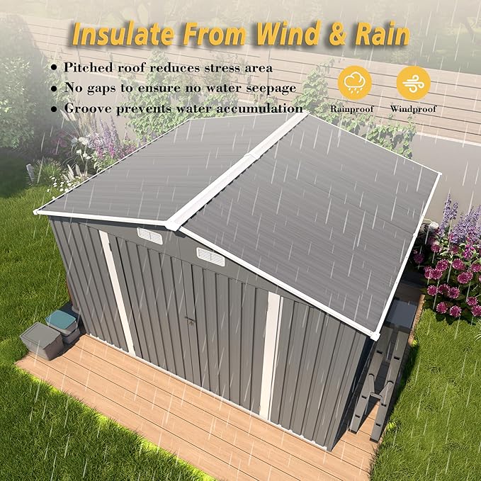 10x12x6.7FT Outdoor Storage Shed, Galvanized Steel Garden Shed with Lockable Door & Window, Waterproof Metal Tool Storage for Garden, Backyard, Patio, Lawn(Grey)