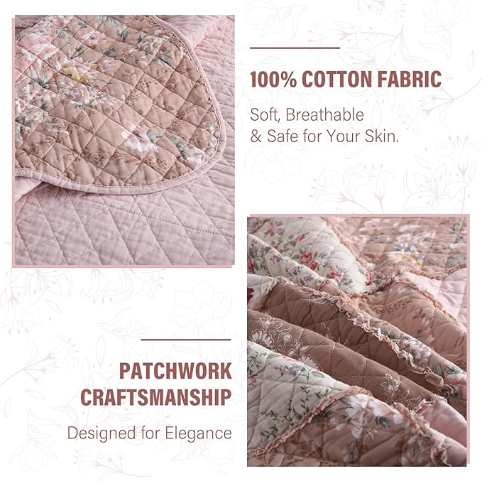 NEWLAKE Quilt Set King Size, Cotton Patchwork Pink Floral Quilt Sets, Real Stitched Embroidery Bedspread Lightweight and Breathable for All Seasons, Soft Quilted with 2 Pillow Shams