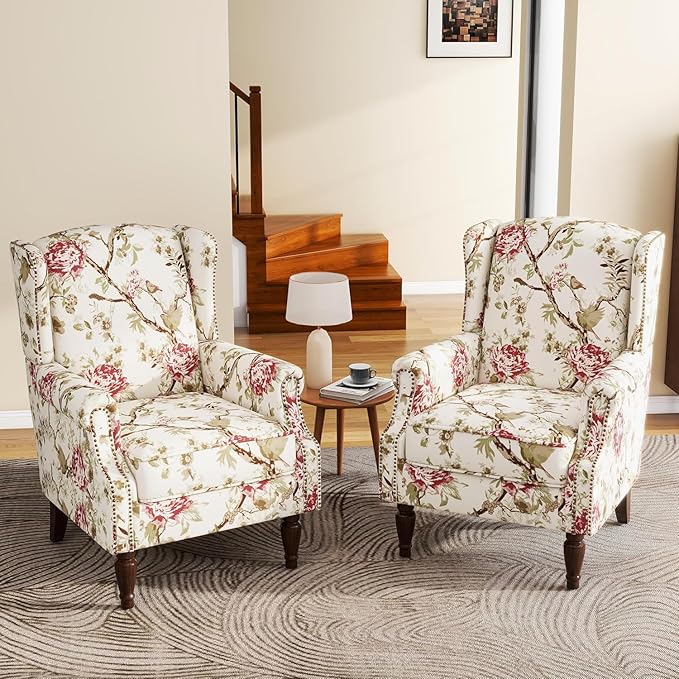 UIXE High Back Accent Chair, Fabric Upholstered Armchair for Living Room, Retro Wingback Arm Chair with Solid Wood Legs, Nailhead Trim Single Sofa Bedroom Reading Seat - Beige Floral