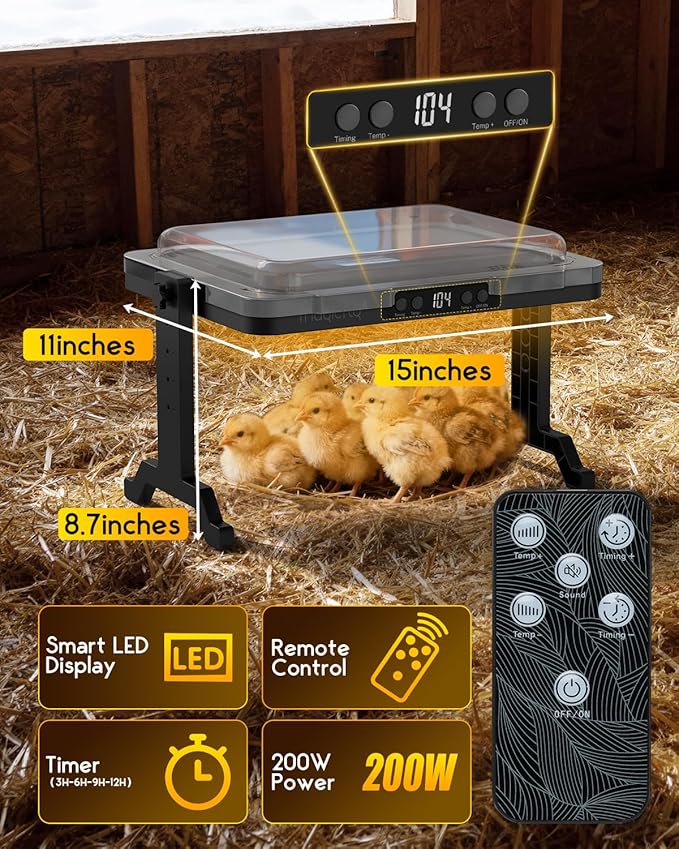 Brooder Plate for Chicks, Magicfly 200W Adjustable Chick Brooder Heater with Temp & Timer, UL-Compliant Safe Design, Chicken Coop Heater with Remote Control & Cover, for Ducklings Poults