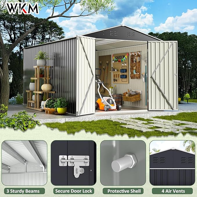 WKM 8X12 FT Outdoor Storage Shed, Utility Metal Tool Storage with Lockable Doors and Updated Frame Structure, Metal Garden Shed for Backyard, Patio Lawn, Black