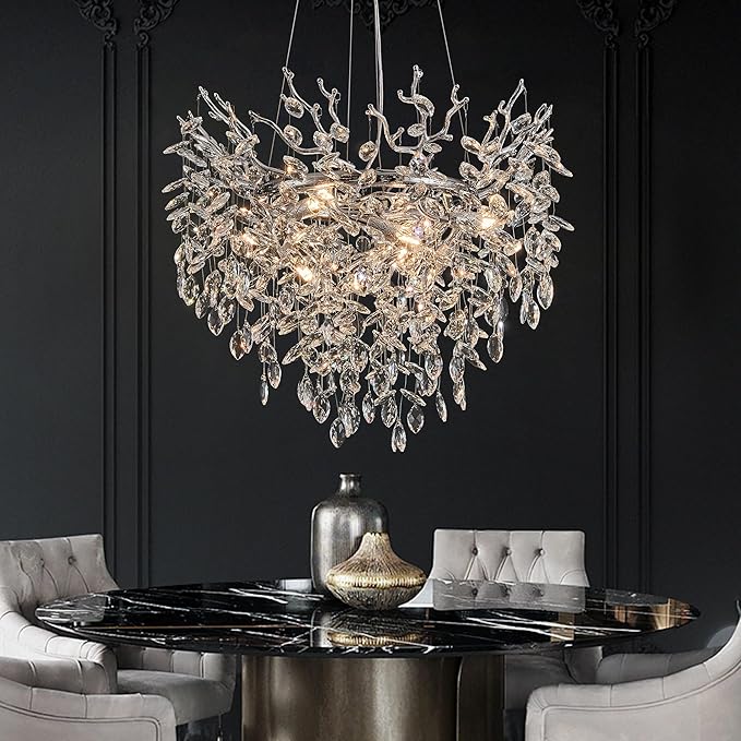 Modern Crystal Chandelier for Dining Room, 23.62" Chrome Tree Branch Chandeliers