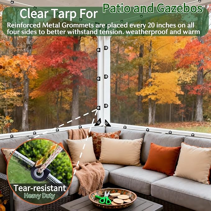 8x16ft Clear Tarp with Grommet, Heavy Duty Waterproof PVC Transparent Tarpaulin Poly Clear Vinyl Tarp Cover,14Mil Clear Awning Canopy Patio Enclosure,for Home Garden Outdoor