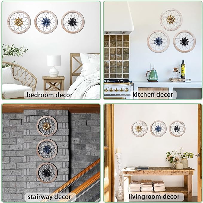Paquesta 3 Piece Round Farmhouse Wall Decor with 6 Piece Interchangeable Flowers 12'' Medallion Wood & Metal Rustic Wall Art for Living Room Bedroom Kitchen Bathroom Dining Room Home Decorations