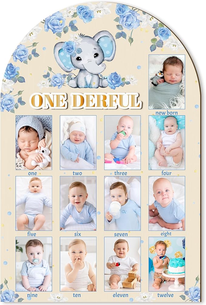 R HORSE My First Year Photo Display Wood Board - 3D Blue Elephant Baby's First Year Picture Frame, 12 Months Milestone Board Neutral Baby Keepsake Gift 1st Birthday Nursery Decor for Boy Girl