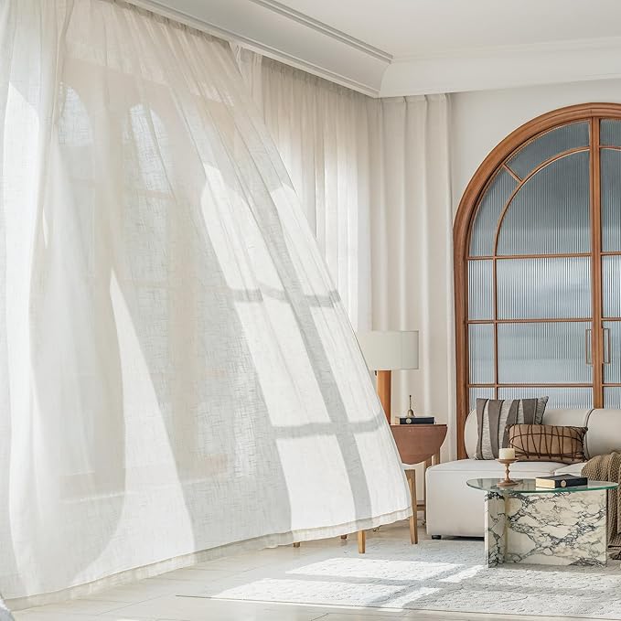 FMFUNCTEX Linen Semi Sheer Natural Curtains for Bedroom Living Room, Beige Curtain Panels 72 Inches Length Sheer Linen Textured Window Drapes Farmhouse Light Filtering 2 Panels Rod Pocket